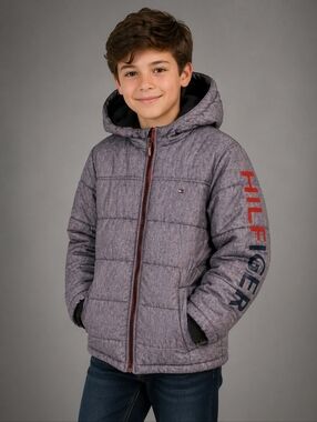 Tommy Hilfiger Fleece Lined Hooded Puffer Jacket Gray. Boys Size 12/14.